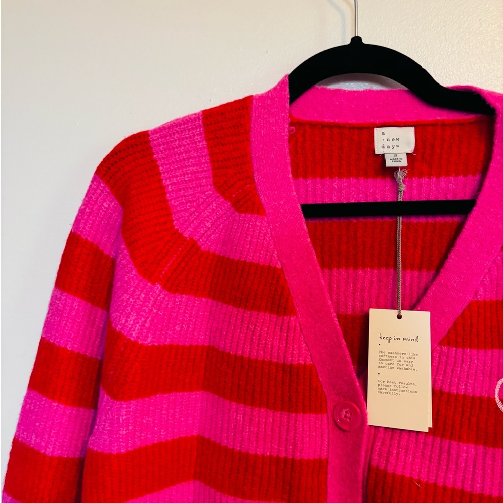 NWT A New Day red and pink stripped cardigan with button front and heart decal - Picture 5 of 6